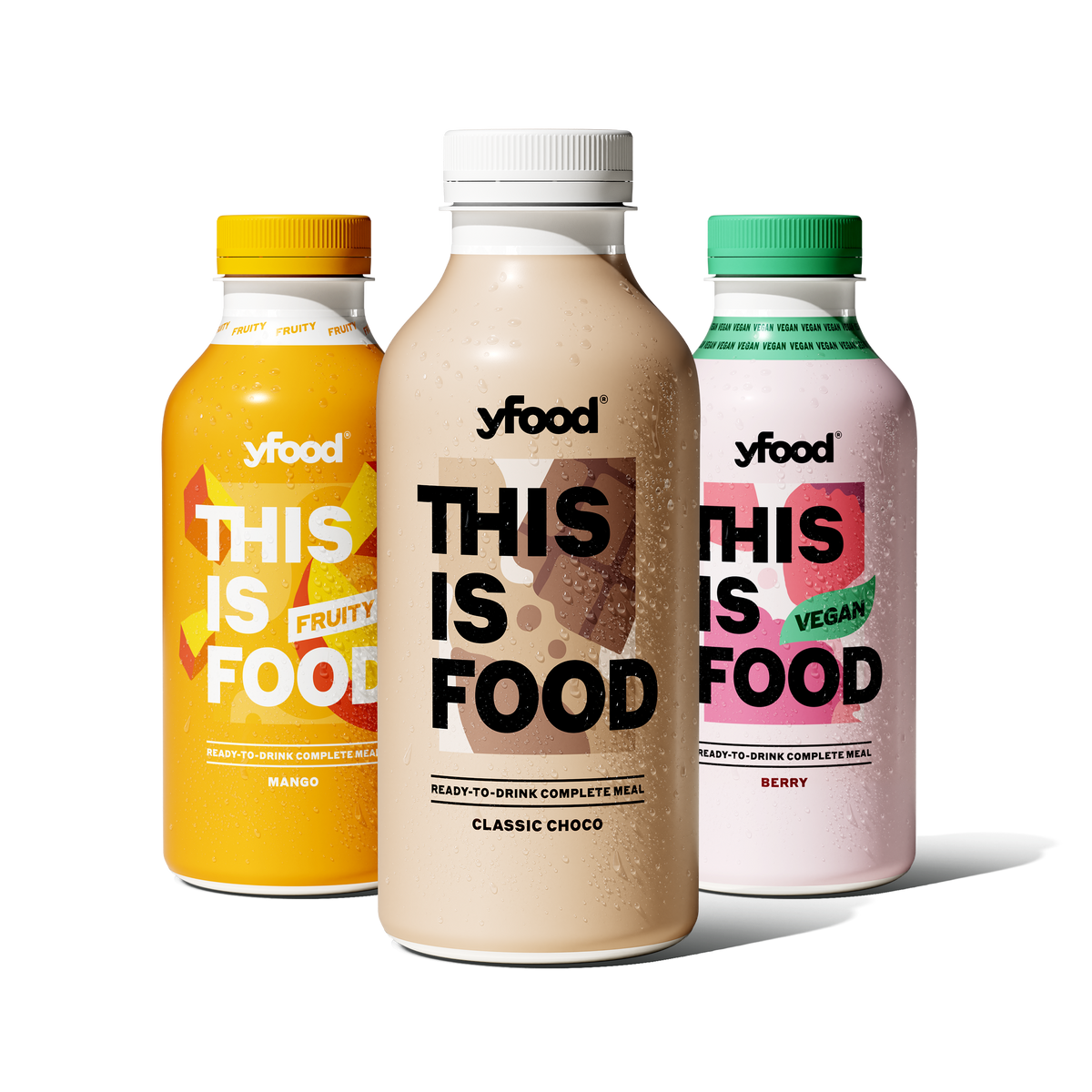 Três garrafas yfood — refeições completas prontas a beber